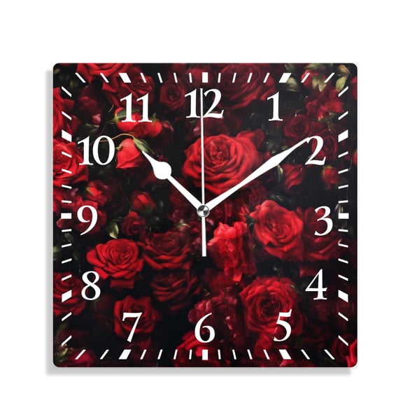 12 Inch Wall Clock Battery Operated Silent Clock Decorative for Office, Kitchen, Outdoor, Living RoomFloral Red Rose Flower Close Up Art