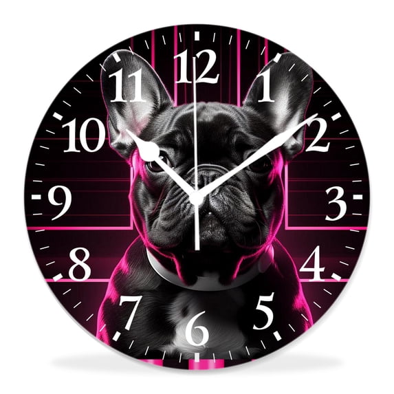 12 Inch Wall Clock Battery Operated Silent Clock Decorative for Office, Kitchen, Outdoor, Living Room,French Bulldog Puppy Dog on Striped Print