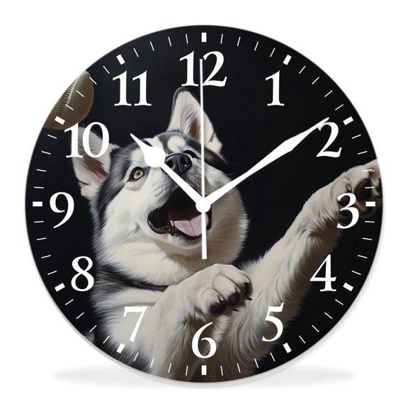 12 Inch Wall Clock Battery Operated Silent Clock Decorative for Office, Kitchen, Outdoor, Living RoomFunny Siberian Husky Dog Creative