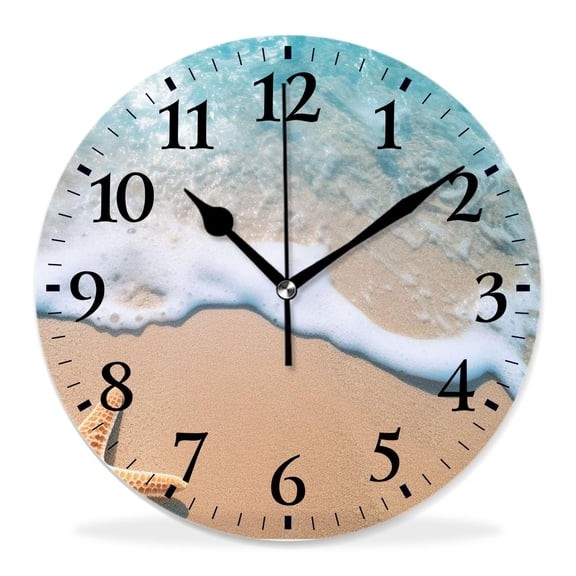 12 Inch Wall Clock Battery Operated Silent Clock Decorative for Office, Kitchen, Outdoor, Living Room，Funny Starfish Wave Sand Beach Art