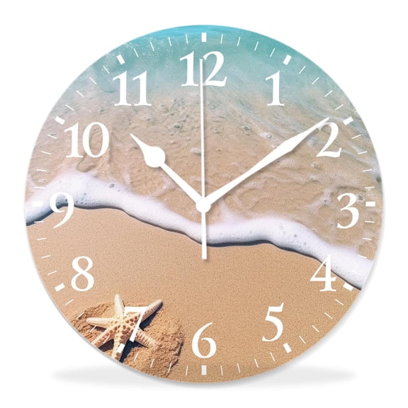 12 Inch Wall Clock Battery Operated Silent Clock Decorative for Office, Kitchen, Outdoor, Living Room，Funny Starfish Wave Sand Beach Painting