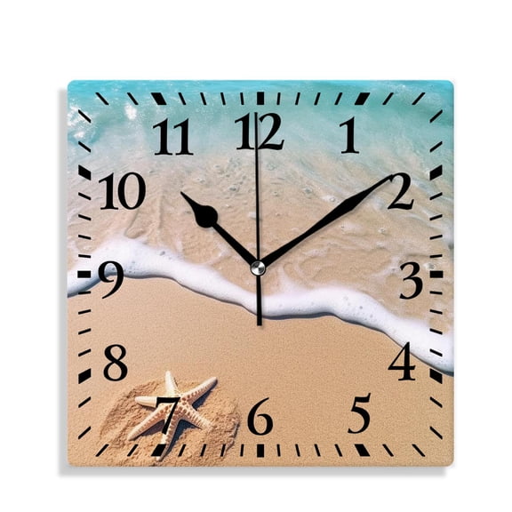 12 Inch Wall Clock Battery Operated Silent Clock Decorative for Office, Kitchen, Outdoor, Living Room，Funny Starfish Wave Sand Beach Painting