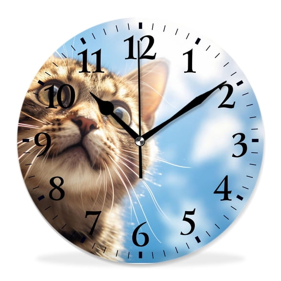 12 Inch Wall Clock Battery Operated Silent Clock Decorative for Office, Kitchen, Outdoor, Living Room，Gray Cat with Green Eyes Cute Drawing