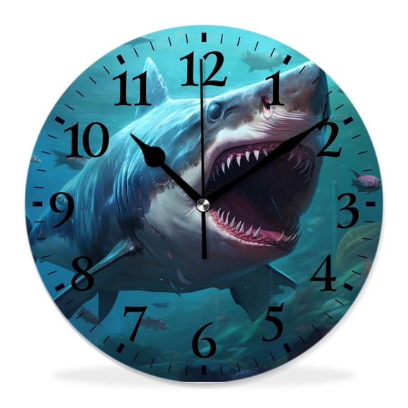 12 Inch Wall Clock Battery Operated Silent Clock Decorative for Office, Kitchen, Outdoor, Living RoomGreat White Shark Adorable