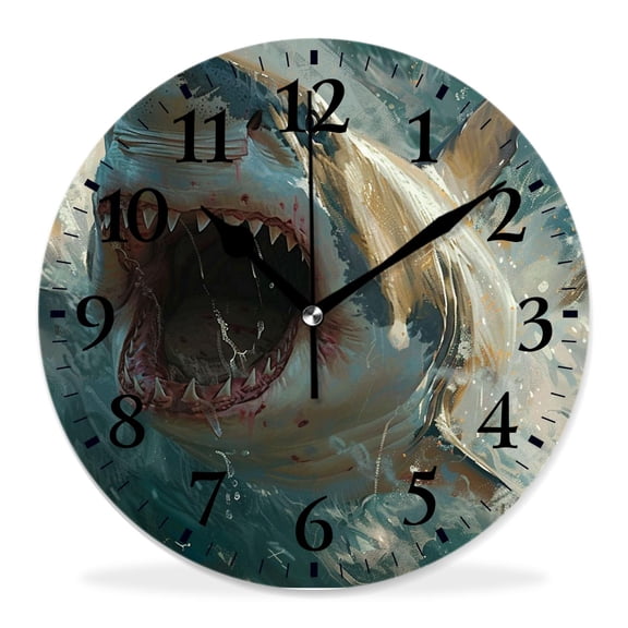 12 Inch Wall Clock Battery Operated Silent Clock Decorative for Office, Kitchen, Outdoor, Living RoomGreat White Shark Chic