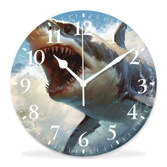 12 Inch Wall Clock Battery Operated Silent Clock Decorative for Office, Kitchen, Outdoor, Living Room,Great White Shark Design
