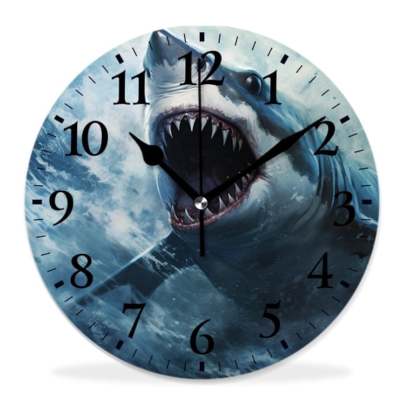 12 Inch Wall Clock Battery Operated Silent Clock Decorative for Office, Kitchen, Outdoor, Living RoomGreat White Shark Multicolor