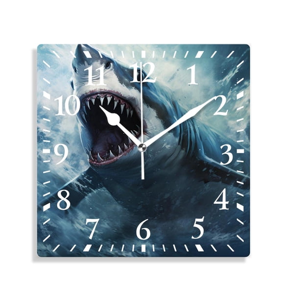 12 Inch Wall Clock Battery Operated Silent Clock Decorative for Office, Kitchen, Outdoor, Living RoomGreat White Shark Multicolor