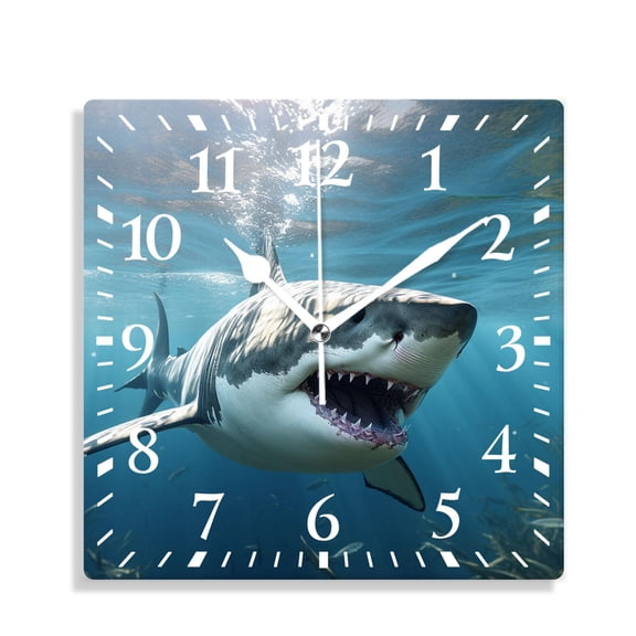12 Inch Wall Clock Battery Operated Silent Clock Decorative for Office, Kitchen, Outdoor, Living RoomGreat White Shark Painting