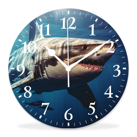 12 Inch Wall Clock Battery Operated Silent Clock Decorative for Office, Kitchen, Outdoor, Living RoomGreat White Shark Swimming Underwater Creative
