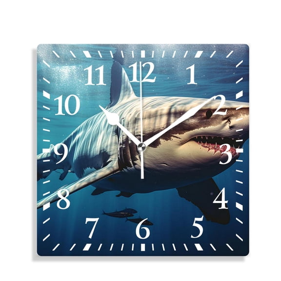 12 Inch Wall Clock Battery Operated Silent Clock Decorative for Office, Kitchen, Outdoor, Living RoomGreat White Shark Swimming Underwater Creative