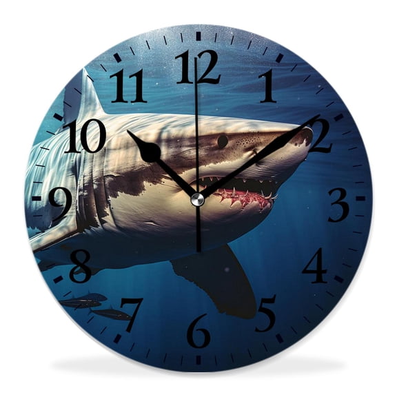 12 Inch Wall Clock Battery Operated Silent Clock Decorative for Office, Kitchen, Outdoor, Living RoomGreat White Shark Swimming Underwater Creative