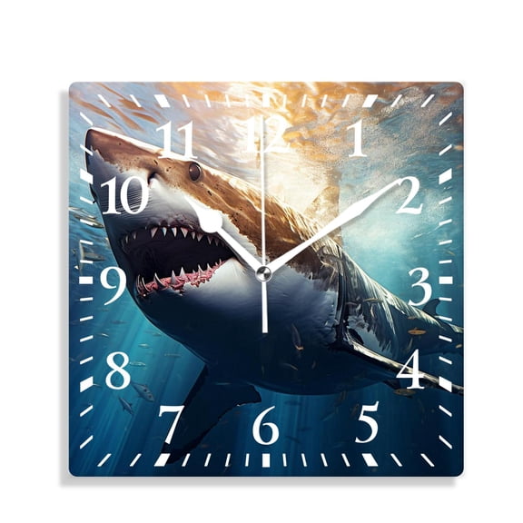 12 Inch Wall Clock Battery Operated Silent Clock Decorative for Office, Kitchen, Outdoor, Living RoomGreat White Shark Swimming Underwater Painting