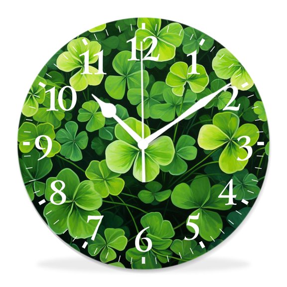 12 Inch Wall Clock Battery Operated Silent Clock Decorative for Office, Kitchen, Outdoor, Living RoomGreen Clover Shamrock Saint Patrick'S Day Style
