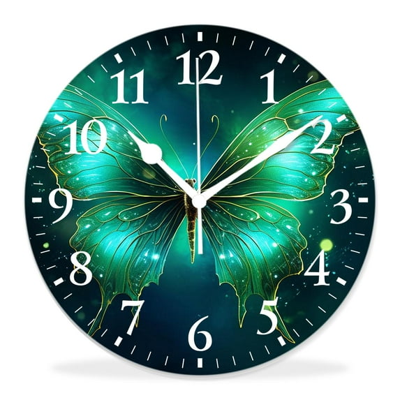 12 Inch Wall Clock Battery Operated Silent Clock Decorative for Office, Kitchen, Outdoor, Living Room,Green Glass Dragonfly Print