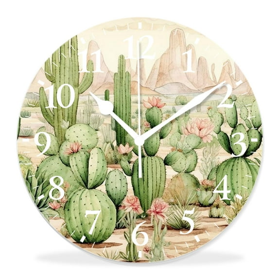 12 Inch Wall Clock Battery Operated Silent Clock Decorative for Office, Kitchen, Outdoor, Living RoomGreen Mexican Texas Cactus Plants Beautiful