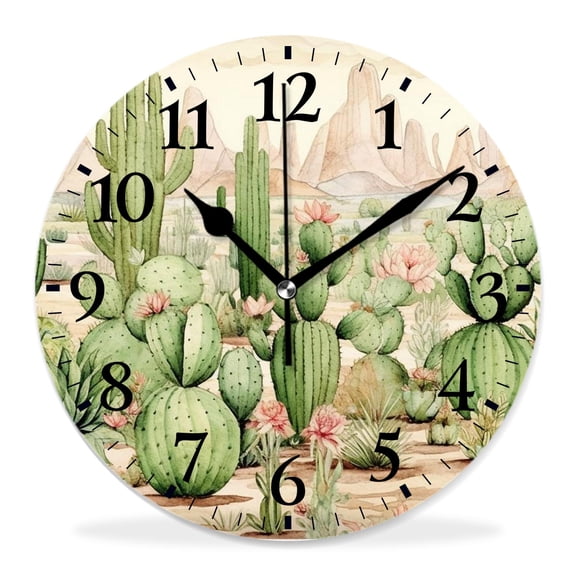 12 Inch Wall Clock Battery Operated Silent Clock Decorative for Office, Kitchen, Outdoor, Living RoomGreen Mexican Texas Cactus Plants Beautiful