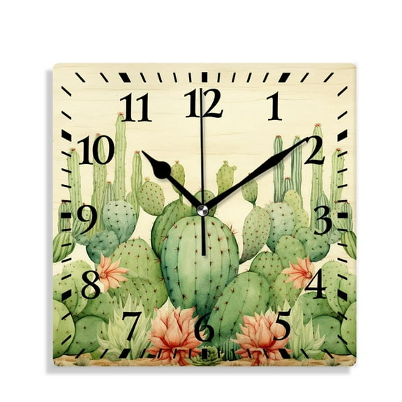 12 Inch Wall Clock Battery Operated Silent Clock Decorative for Office, Kitchen, Outdoor, Living RoomGreen Mexican Texas Cactus Plants Style