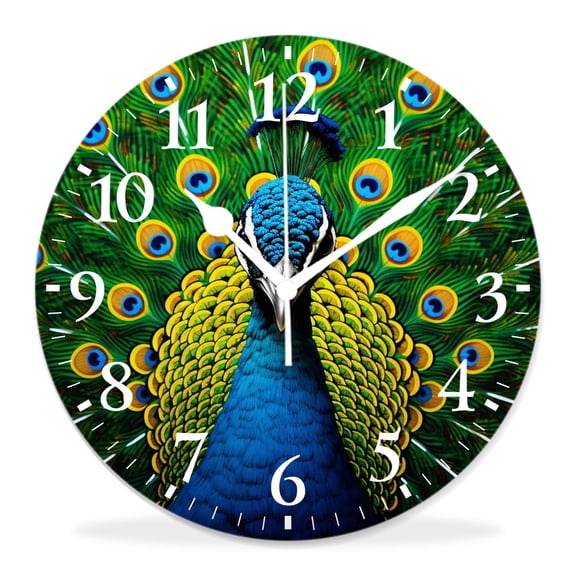 12 Inch Wall Clock Battery Operated Silent Clock Decorative for Office, Kitchen, Outdoor, Living RoomGreen Peacock Feather Bird Pattern