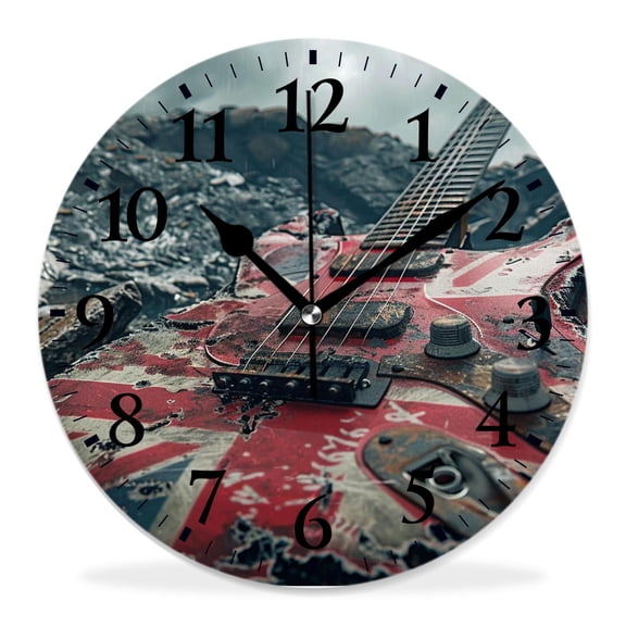 12 Inch Wall Clock Battery Operated Silent Clock Decorative for Office, Kitchen, Outdoor, Living RoomGrunge Guitar British Uk Flag England Stunning