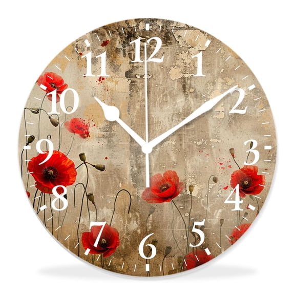 12 Inch Wall Clock Battery Operated Silent Clock Decorative for Office, Kitchen, Outdoor, Living RoomGrunge Poppy Flower Floral Vintage Elaborate