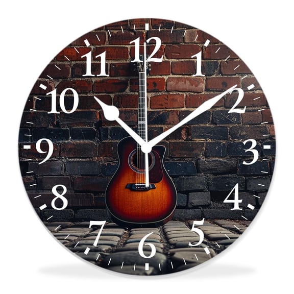 12 Inch Wall Clock Battery Operated Silent Clock Decorative for Office, Kitchen, Outdoor, Living Room，Guitar Music Brick Wall Vintage Stylish Cute