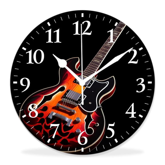 12 Inch Wall Clock Battery Operated Silent Clock Decorative for Office, Kitchen, Outdoor, Living RoomGuitar in Fire Flame Image