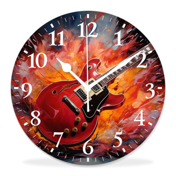 12 Inch Wall Clock Battery Operated Silent Clock Decorative for Office, Kitchen, Outdoor, Living Room，Guitar in Fire Flame Lovely