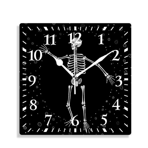12 Inch Wall Clock Battery Operated Silent Clock Decorative for Office, Kitchen, Outdoor, Living RoomHalloween Cute Skeleton Painting