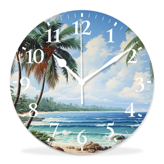 12 Inch Wall Clock Battery Operated Silent Clock Decorative for Office, Kitchen, Outdoor, Living Room,Hawaii Tropical Beach Lovely Drawing