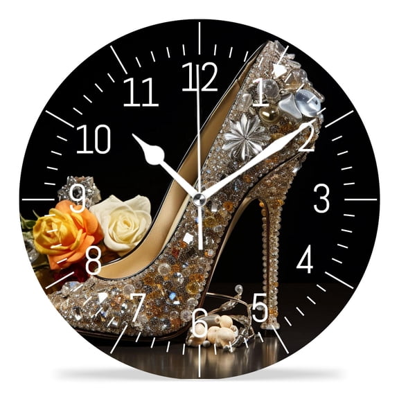 12 Inch Wall Clock Battery Operated Silent Clock Decorative for Office, Kitchen, Outdoor, Living RoomHigh Heel Shoes Black Illustration