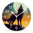thumbnail image 1 of 12 Inch Wall Clock Battery Operated Silent Clock Decorative for Office, Kitchen, Outdoor, Living Room，Howling Wolf and Yellow Moon Design, 1 of 4