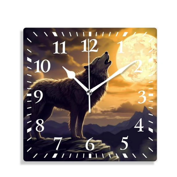 12 Inch Wall Clock Battery Operated Silent Clock Decorative for Office, Kitchen, Outdoor, Living Room,Howling Wolf and Yellow Moon Elegant