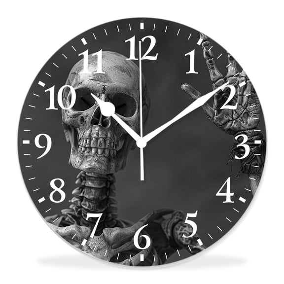 12 Inch Wall Clock Battery Operated Silent Clock Decorative for Office, Kitchen, Outdoor, Living RoomHuman Skeleton Skull Simple