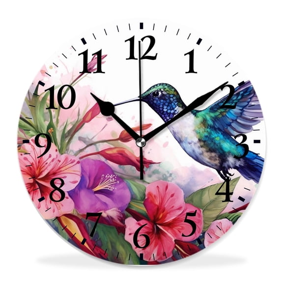 12 Inch Wall Clock Battery Operated Silent Clock Decorative for Office, Kitchen, Outdoor, Living RoomHummingbird Floral Lovely Pattern