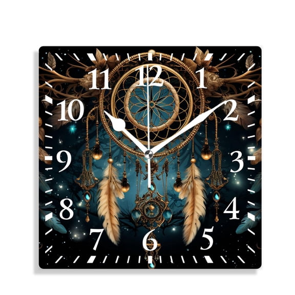 12 Inch Wall Clock Battery Operated Silent Clock Decorative for Office, Kitchen, Outdoor, Living RoomIndian Dreamcatcher Mandala Feather Colorful