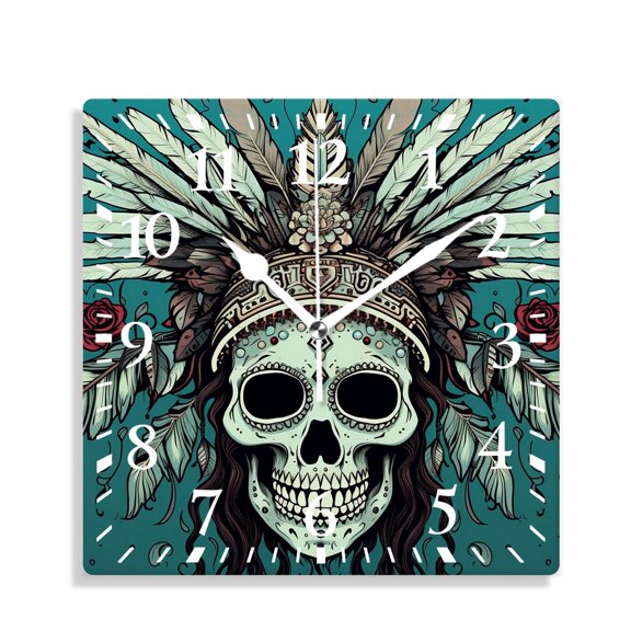 12 Inch Wall Clock Battery Operated Silent Clock Decorative for Office, Kitchen, Outdoor, Living RoomIndian Feather Hat Skull Print