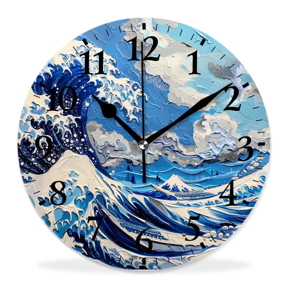 12 Inch Wall Clock Battery Operated Silent Clock Decorative for Office, Kitchen, Outdoor, Living RoomJapanese Ocean Sea Waves with Blue Sky Lovely