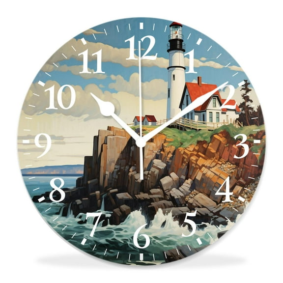 12 Inch Wall Clock Battery Operated Silent Clock Decorative for Office, Kitchen, Outdoor, Living RoomLighthouse Blue Sky Lovely Drawing