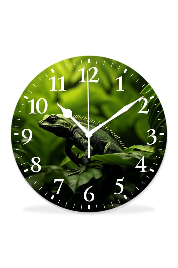 12 Inch Wall Clock Battery Operated Silent Clock Decorative for Office, Kitchen, Outdoor, Living RoomLizard Gecko Shape on Green Leaf Drawing