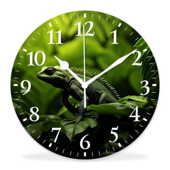 12 Inch Wall Clock Battery Operated Silent Clock Decorative for Office, Kitchen, Outdoor, Living RoomLizard Gecko Shape on Green Leaf Drawing