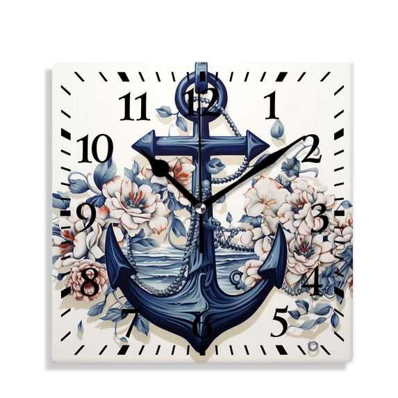 12 Inch Wall Clock Battery Operated Silent Clock Decorative for Office, Kitchen, Outdoor, Living Room,Nautical Board Bird Blue Ocean Sea Image
