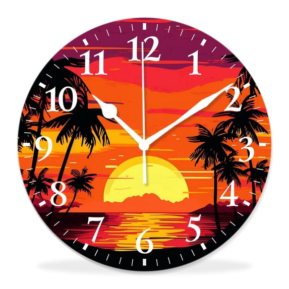 12 Inch Wall Clock Battery Operated Silent Clock Decorative for Office, Kitchen, Outdoor, Living Room,Palm Trees Sunset Cute Drawings