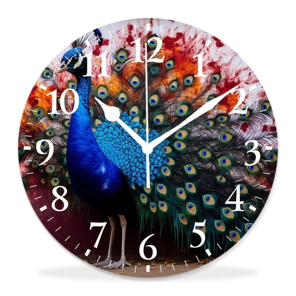 12 Inch Wall Clock Battery Operated Silent Clock Decorative for Office, Kitchen, Outdoor, Living Room，Peacock Displaying Its Train Amazing Pattern