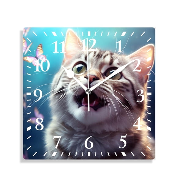 12 Inch Wall Clock Battery Operated Silent Clock Decorative for Office, Kitchen, Outdoor, Living Room,Portrait of Cat Butterflies Cute Drawing