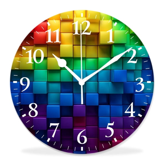 12 Inch Wall Clock Battery Operated Silent Clock Decorative for Office, Kitchen, Outdoor, Living Room,Rainbow of Colorful Boxes Lovely Design