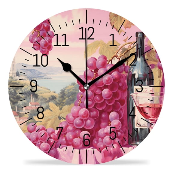 12 Inch Wall Clock Battery Operated Silent Clock Decorative for Office, Kitchen, Outdoor, Living RoomRed Wine Cup Grape Exquisite
