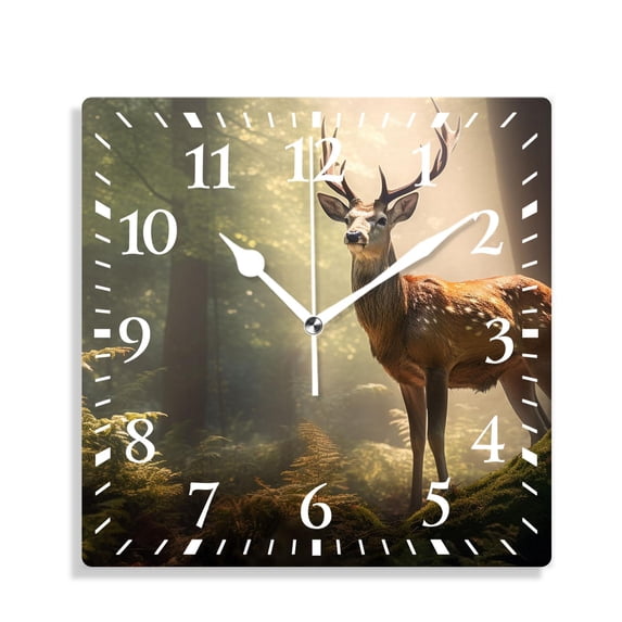 12 Inch Wall Clock Battery Operated Silent Clock Decorative for Office, Kitchen, Outdoor, Living Room,Reindeer in The Wood Cute Drawing