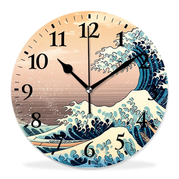 12 Inch Wall Clock Battery Operated Silent Clock Decorative for Office, Kitchen, Outdoor, Living RoomRetro Japan Wave Tides