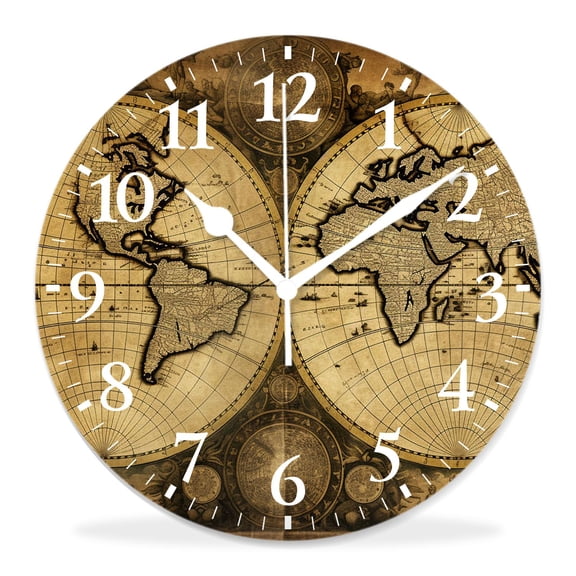 12 Inch Wall Clock Battery Operated Silent Clock Decorative for Office, Kitchen, Outdoor, Living Room，Retro World Map Beautiful Art